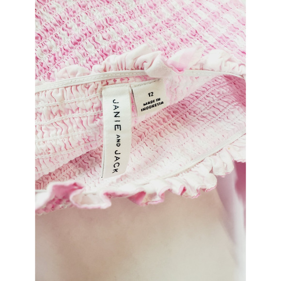 Janie and Jack Girls 12 Gingham Dress Pink White Smocked Puff Sleeve Preppy - Picture 3 of 9